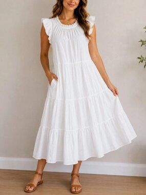 J. Crew White Tiered Cotton Poplin Maxi Dress Ruffle Sleeve ST Small Tall AX323